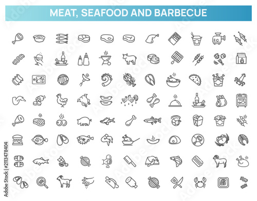 Meat, Seafood and Barbecue Line Icons Set. Cooking, Grill, Fast Food Outline Collection