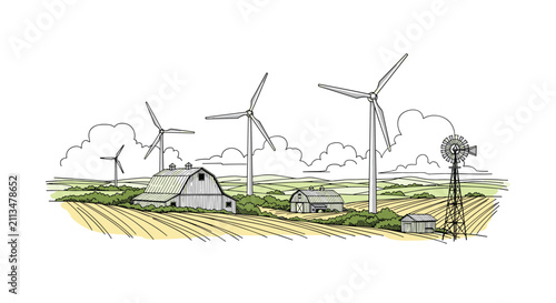 Sustainable farming landscape with fields of crops, farm buildings, wind turbines and windmill, colored line drawing.
