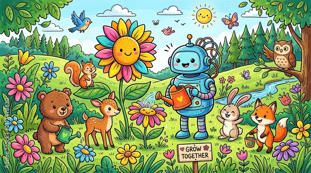 Fototapeta premium Colorful Robot and Nature Friends in a Cheerful Garden