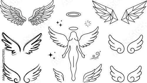 Angel Wings and Holy Halo Black Outline Icon Set Featuring Geometric Polygonal Feathers Divine Female Spirit Stars and Celestial Guardian Angel Vectors