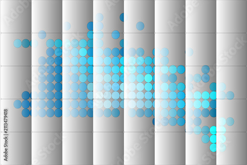 A grid of rectangular cells filled with overlapping semi-transparent circles in shades of blue and cyan. The layered circles create density variations, resembling a data visualization or abstract heat