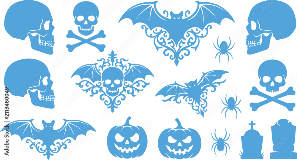 Naklejka premium Halloween collection with skulls bats spiders and pumpkins halloween tombstone celebration silhouette isolated decoration mysterious frightening monochrome illustration creative seasonal