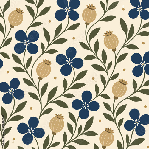 Rustic Folk Art Navy Floral Seamless Botanical Pattern