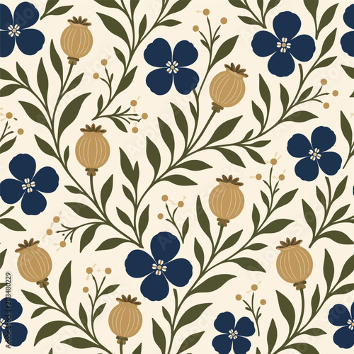 Rustic Folk Art Wildflower Botanical Seamless Pattern
