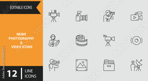 Cuadro en lienzo News photography outline icons showcasing photojournalism press camera video rep