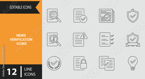 News verification outline icons featuring fact checking true information fake news detection icon set