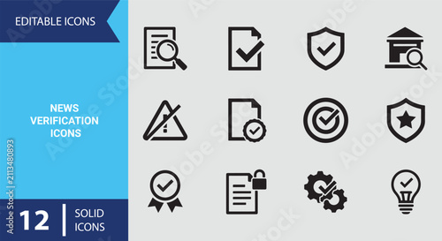 News verification solid icons featuring fact checking trustworthy media source information check icon set
