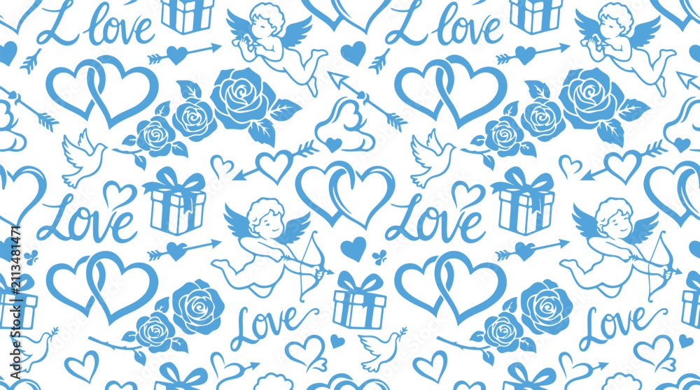 Fototapeta premium Seamless pattern of romantic valentine elements including hearts roses and cupids with valentine romantic seamless background marriage sweetheart celebration anniversary wallpaper wrapping