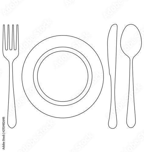 Minimalist Plate with Fork Knife and Spoon Elegant Table Setting Line Art Illustration