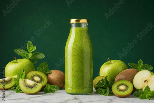 A glass bottle of green fruit smoothie surrounded by fresh kiwi, apples, and generated using ai