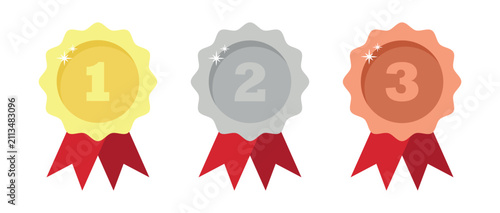 Gold, silver, and bronze medals with the numbers 1, 2, and 3. Award icons for first, second, and third place. Winners' podium symbols. simple modern vector artwork.