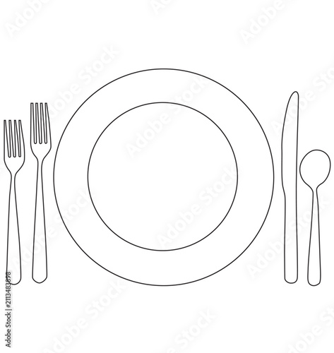Minimalist Plate with Fork Knife and Spoon Table Setting Line Art Illustration