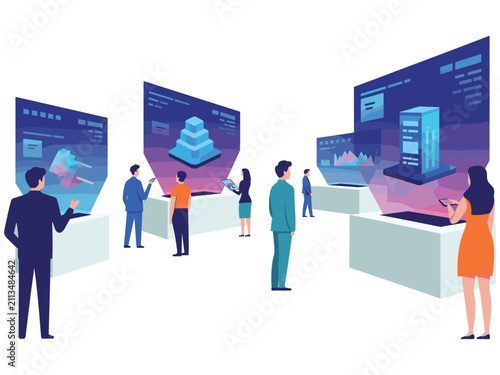 People interacting with digital holographic displays and data visualization interfaces in a futuristic exhibition hall