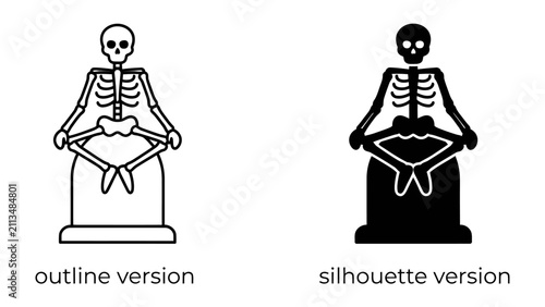 Photography Zen Skeleton Meditation: Two skeletal figures, one in outline and the other in silhouette, are depicted in a meditative pose atop tombstones, representing a unique fusion of mortality and mindfulness