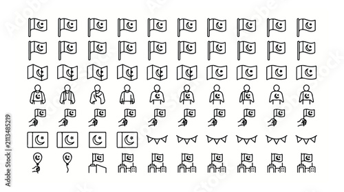 Obraz na płótnie Pakistan Independence Day line icon set, 50 national flag and celebration symbol