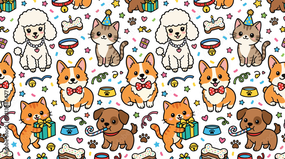 Fototapeta premium Cute Cat and Dog Birthday Party Seamless Pattern with Poodle, Corgi, Gift Box, Bone, and Party Hat for Pet Designs