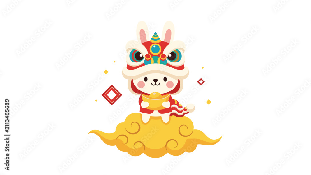 Naklejka premium Cute little rabbit wearing a traditional Chinese lion dance head costume sitting on a golden cloud with a gold ingot.