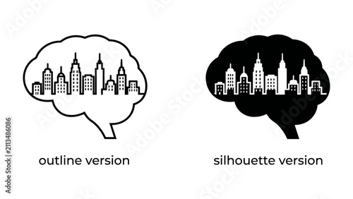 Foto Cityscape Brain Concept: Two brain-shaped outlines containing cityscapes, one in black and white, represent the connection between urban environments and the mind