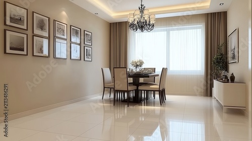 Elegant dining room with a chandelier,table,and chairs.