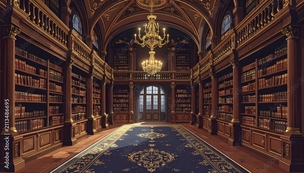 Obraz premium Grand Historic Library Interior with Ornate Wooden Shelves.