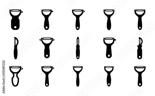 Kitchen Peeler Icons Set, Vegetable Fruit Peelers Collection, Culinary Tools Vector Graphics, Food Preparation Equipment