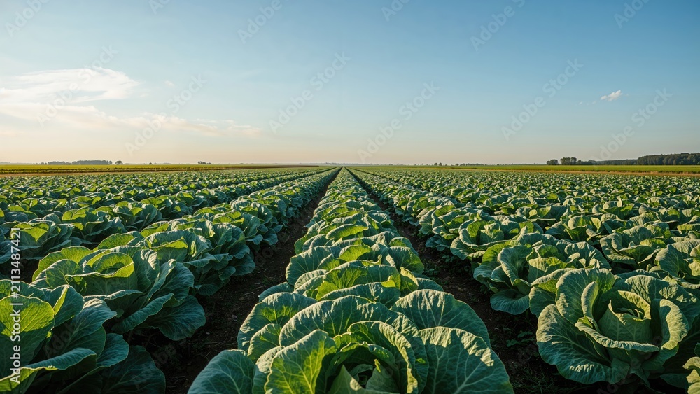 Fototapeta premium A vast field of crops extending to the horizon under a blue sky, showcasing agriculture and farming.