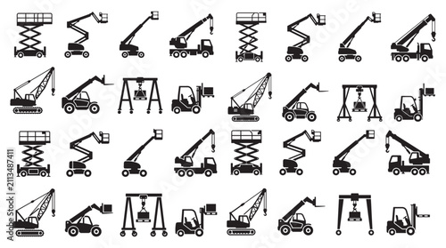 Construction Lifting Equipment, Crane, and Forklift Silhouette Icon Set - Vector Collection for Industrial Engineering, Site Machinery, and Logistics Design