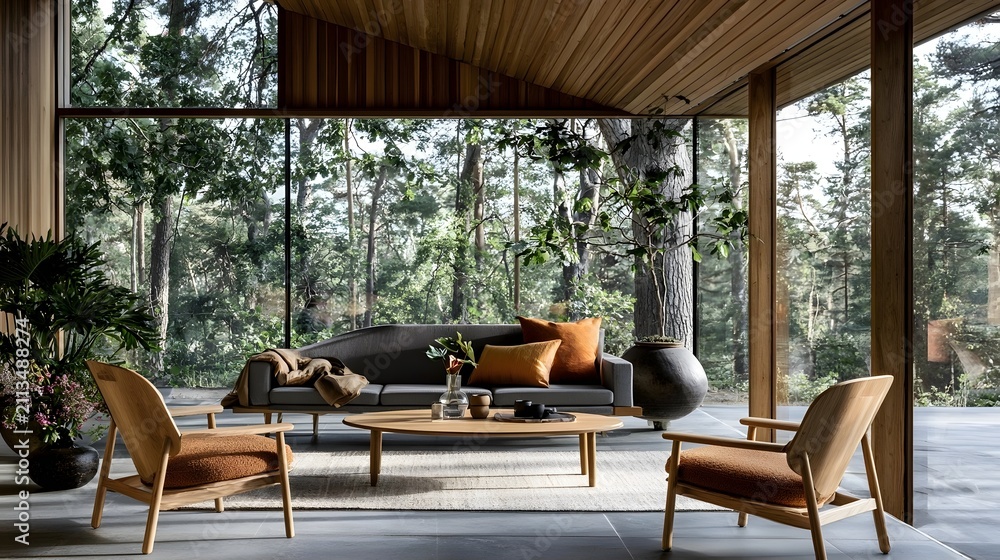 Fototapeta premium Contemporary Scandinavian living room featuring oak furniture, textured fabrics and panoramic forest views, timeless interior design inspiration