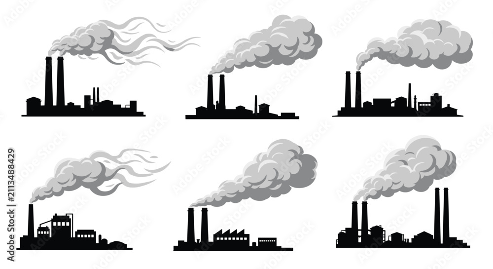 Obraz premium Silhouettes of factories emitting massive dark grey smoke clouds from tall chimneys into the air, environmental issue.