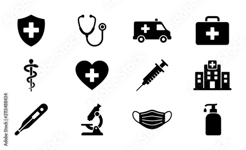 12 Medical Icons Set, Healthcare Symbols Collection, Hospital and Clinic Graphics, Ambulance, Stethoscope, Syringe, Mask, Science and Medicine Vector Icons