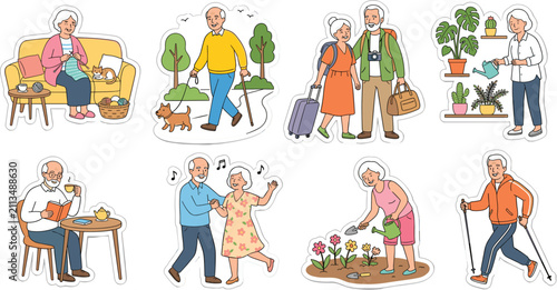 Fotografía Active Senior Citizens Sticker Collection Featuring Happy Elderly Couples and In