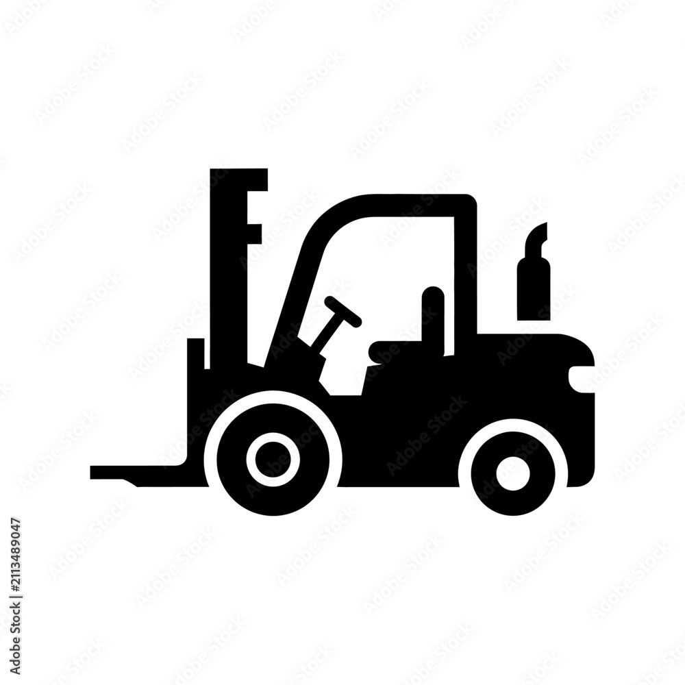 Naklejka premium Industrial Black and White Forklift Silhouette Icon for Warehouse Logistics and Manufacturing Designs