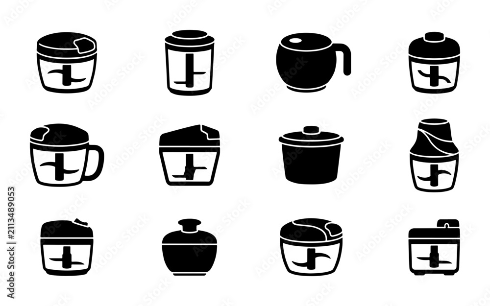 Fototapeta premium Kitchen Food Chopper Icons Set, Small Appliance Vector Graphics, Culinary Gadget Collection, Black and White Simple Design