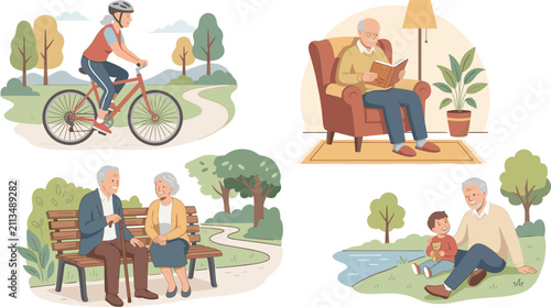 Active Senior Citizens Flat Vector Illustration Set Featuring Elderly People Riding Bicycle, Reading, Sitting on Bench, and Spending Quality Time with Grandchild