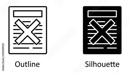 Obraz na płótnie Document with Cross Mark: A graphic representation of a document page with a large cross mark, presented in both outline and silhouette styles, indicating negation, error, or cancellation