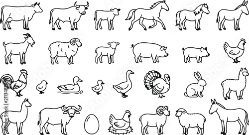 Collection of hand drawn farm animals and livestock sketches isolated on a white background for design projects