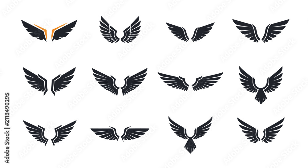 Obraz premium Extensive collection of modern black wing icons representing freedom, speed, flight, and heraldic strength.