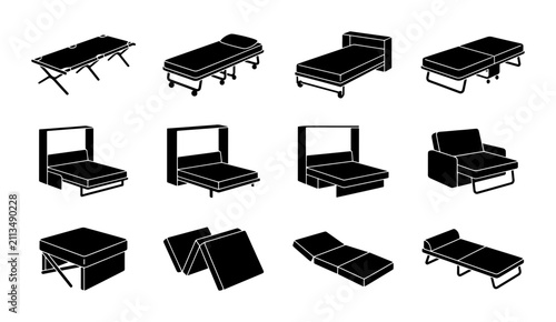 Cuadro en lienzo Collapsible Beds & Furniture Icons, Portable Sleeping Solutions Set, Foldable Gu