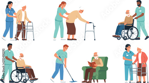 Foto Elderly Care and Nursing Home Flat Vector Character Set Featuring Caregivers Ass