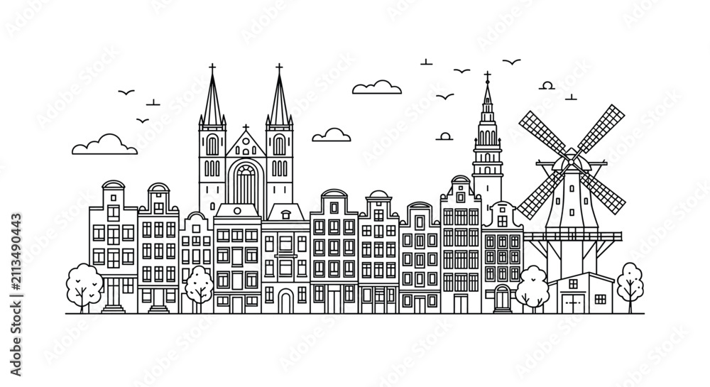 Fototapeta premium Detailed thin line art illustration of the classic Amsterdam skyline with traditional houses and a windmill.