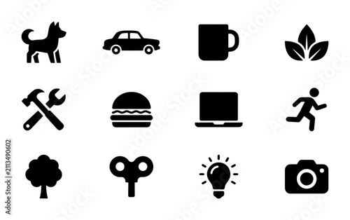 Konstfotografi 12 Essential Black Vector Icons: Dog, Car, Mug, Leaves, Tools, Burger, Laptop, R
