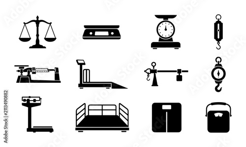 Canvastavla Collection of 12 Weighing Scales and Balances, Diverse Measuring Devices, Indust