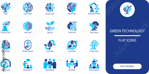Green technology flat icons featuring trees, leaves, plants, and eco friendly industrial elements symbolizing sustainability and environmental innovation.