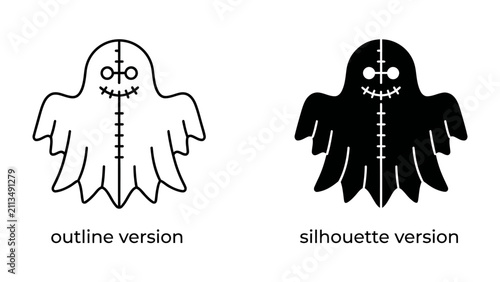 Obraz na płótnie Cute Ghost Outline and Silhouette: A charming ghost illustration presented in both an outline and silhouette version, perfect for Halloween themes and graphic design