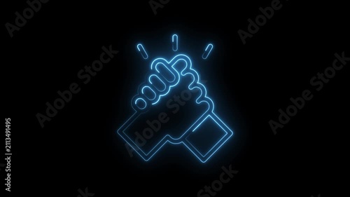 Glowing blue neon outline of two hands shaking in agreement or partnership against a dark... icon