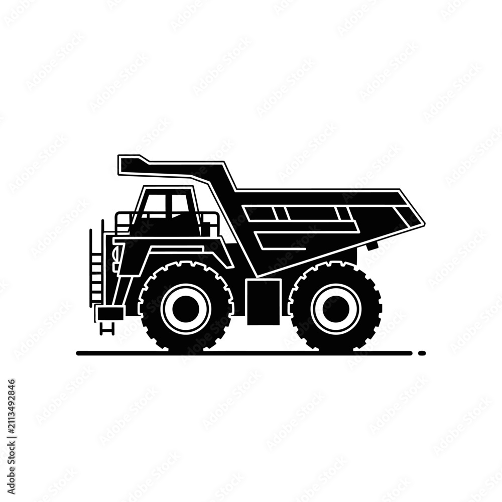 Fototapeta premium Elegant Black and White Line Drawing of a Dump Truck with Large Wheels and an Open Cargo Bed with high quality professional line art symbols for modern creative design and digital branding projects