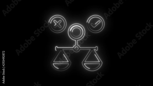 Neon glowing scales of justice with checkmark and cross symbols representing decision making icon