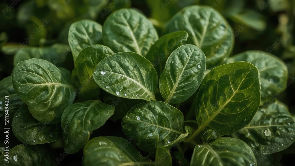 Fototapeta premium Healthy spinach leaves with water droplets and prominent veins. Vegetables and greens, healthy food. Freshness and natural environment concept.