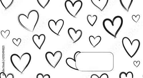 Seamless pattern of sketchy black hand-drawn heart outlines with a white blank template card in the corner.