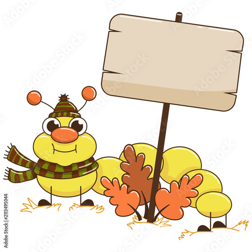 Cute autumn caterpillar character with blank wooden signboard